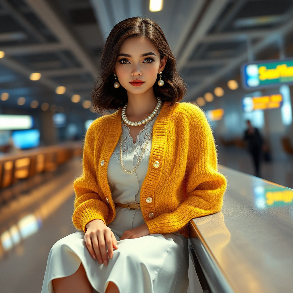 Brunette in Yellow Cardigan at Airport Bar