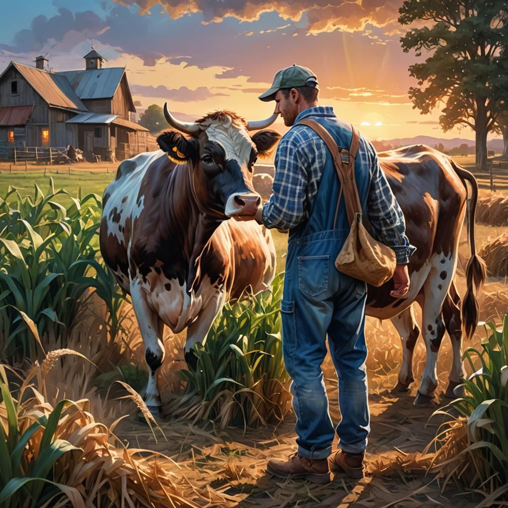 Enchanted Cornfield: Farmer and Cow in Fantasy Art