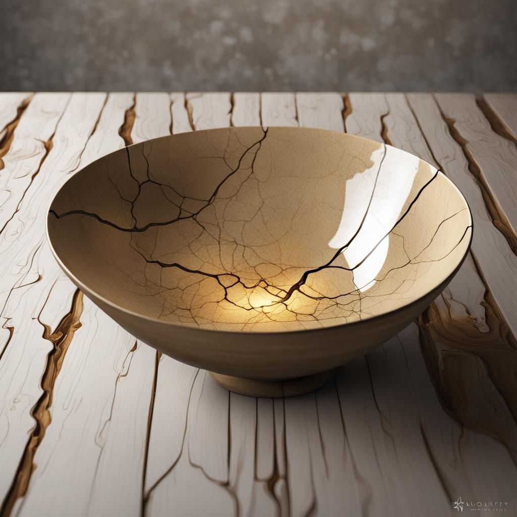 Kintsugi Bowl Resting on Imperfect Table