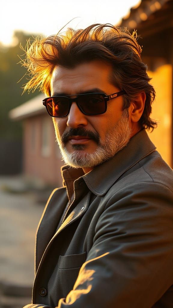 Vinod Khanna Golden Hour Portrait with Windswept Hairstyle