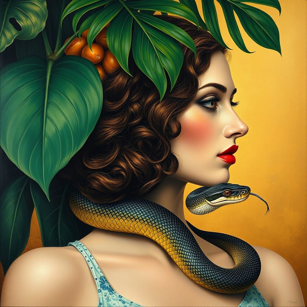 Surrealist Portrait of a Woman with a Snake in a Jungle Para...