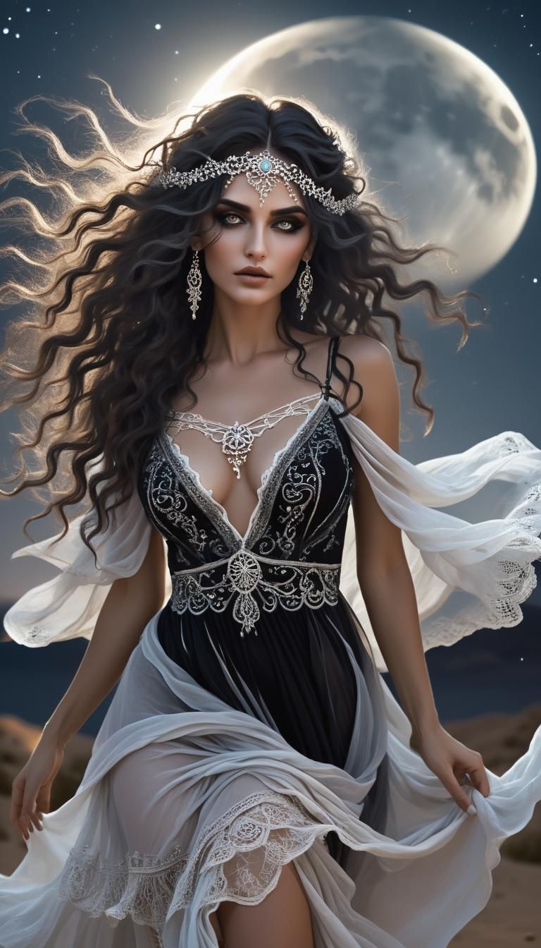 Gothic Greek Beauty Dancing in Desert Moonlight