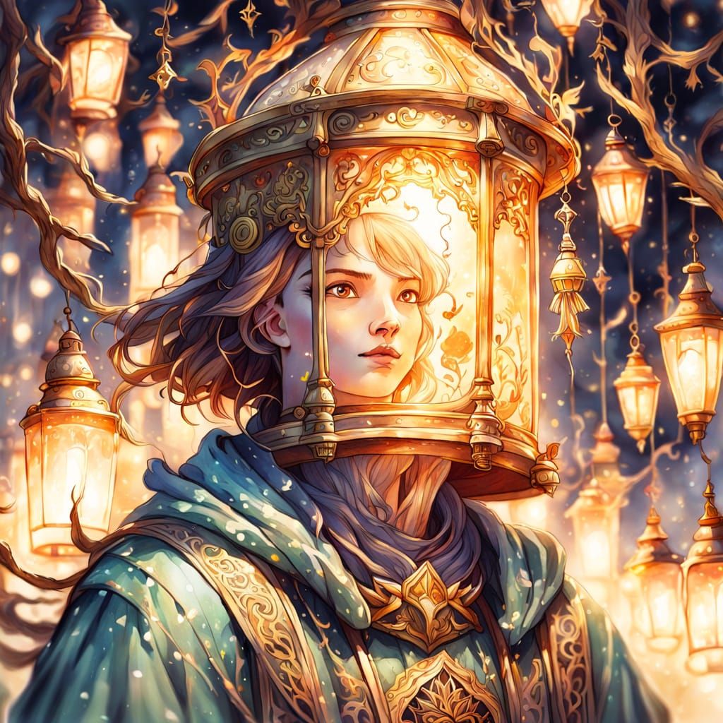 Fantasy Character Exploring Inside a Glowing Lantern