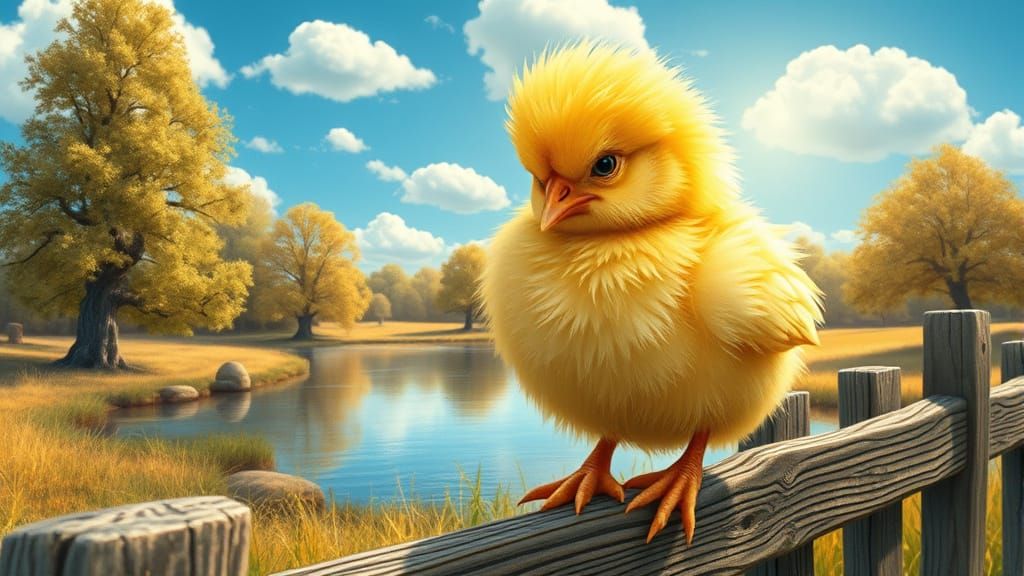Grumpy Chick on a Fence, Storybook Illustration