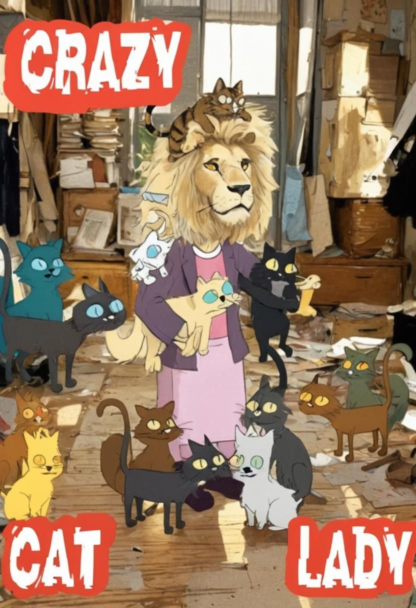 Cartoon Lion Overloaded with Cats in Messy House