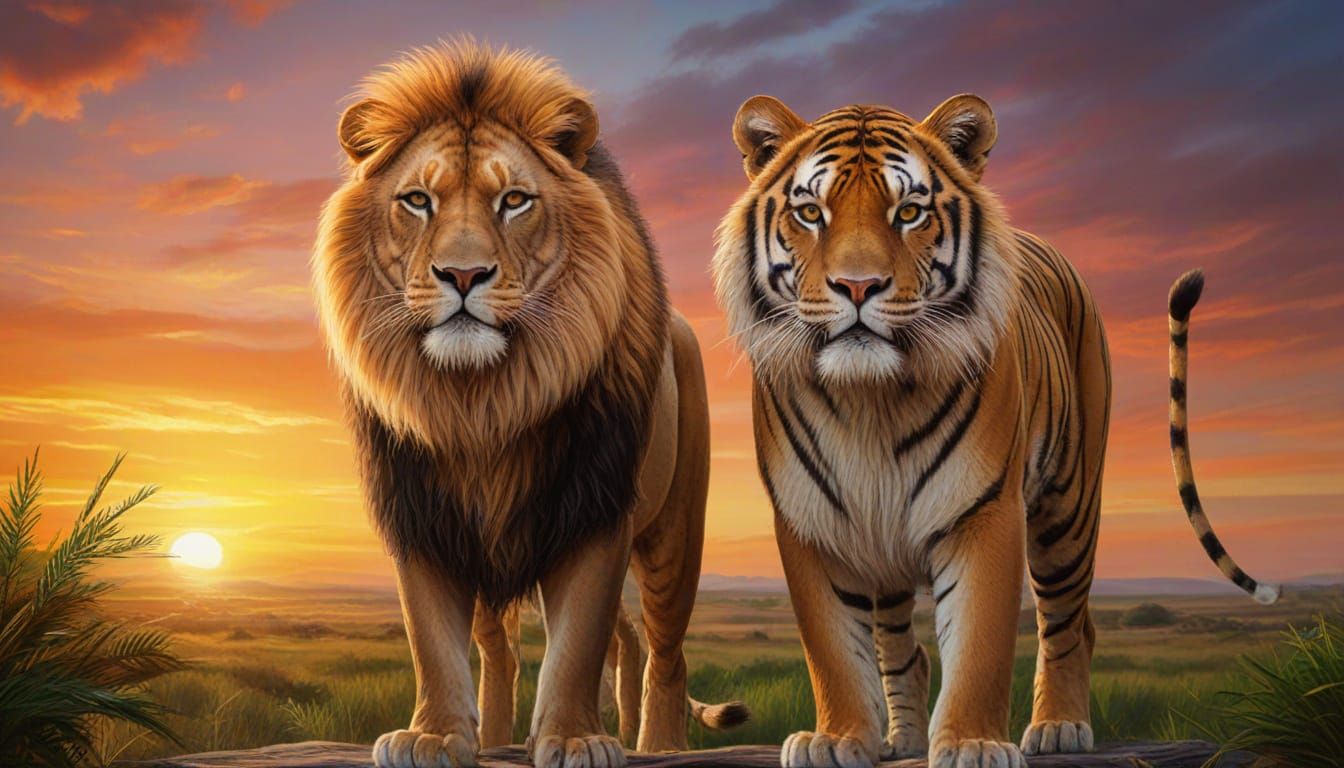 Majestic Lion and Tiger Portrait in Oil Painting Style