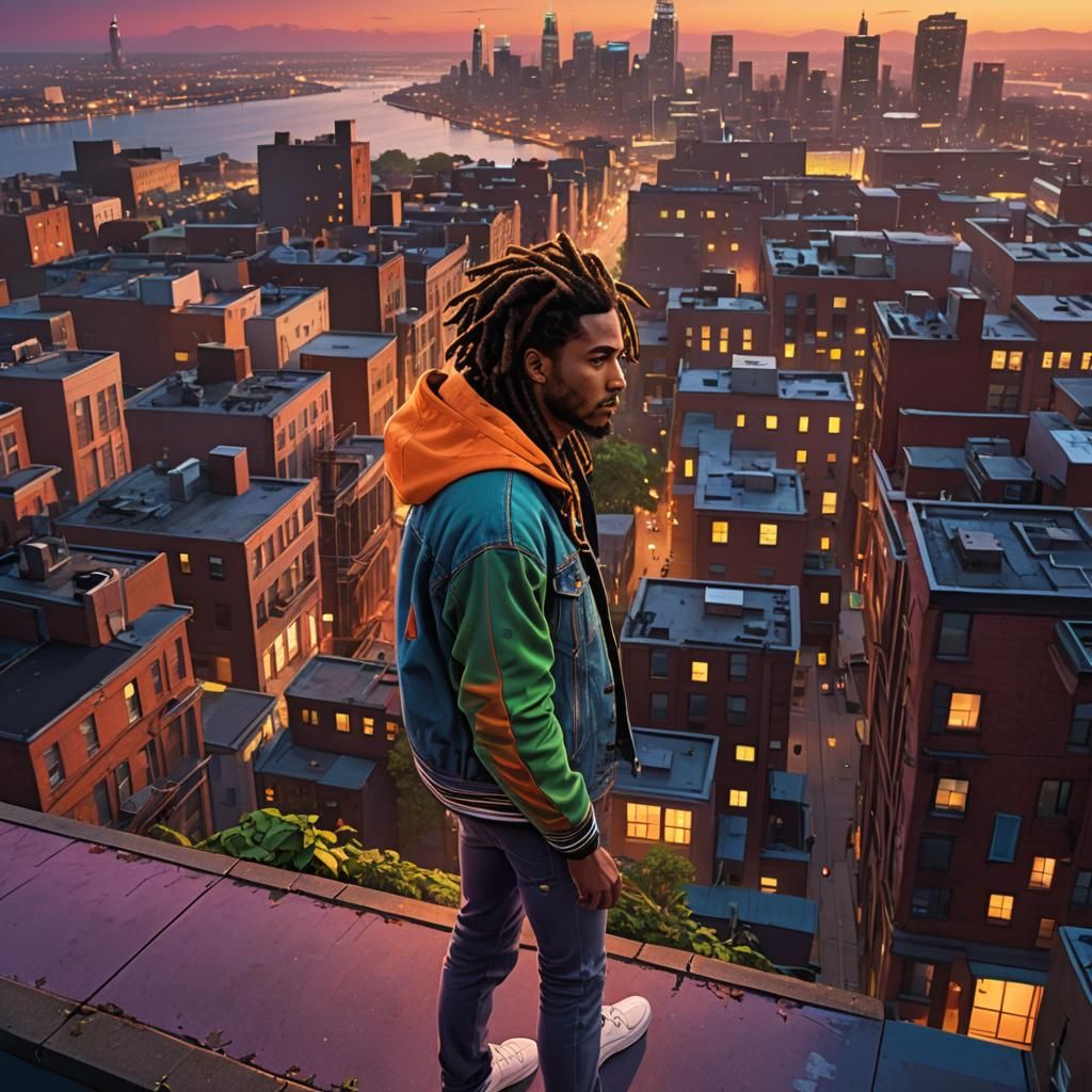 Rooftop Man in Fantasy Cityscape, Matte Painting Style