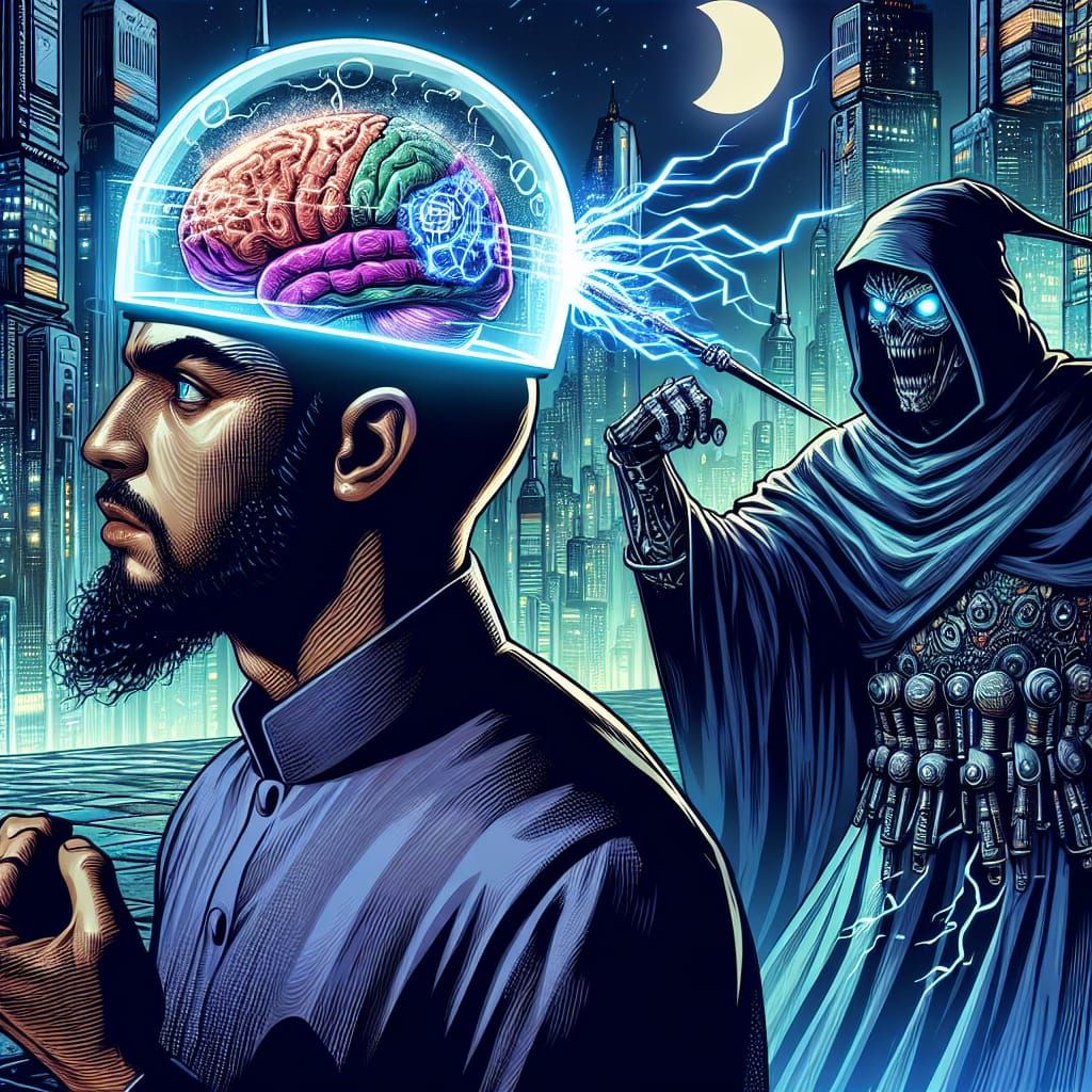 Psychic Duel in Dystopian City, Comic Book Style