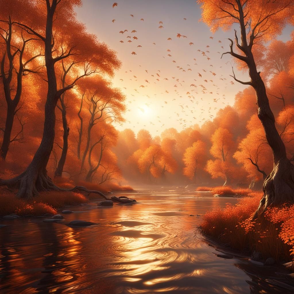 Autumn Forest Sunset with Flowing River, Detailed Matte Pain...