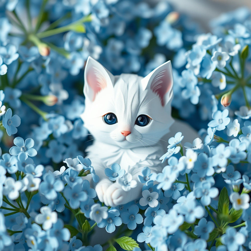 White Kitten with Blue Flowers in Origami Style