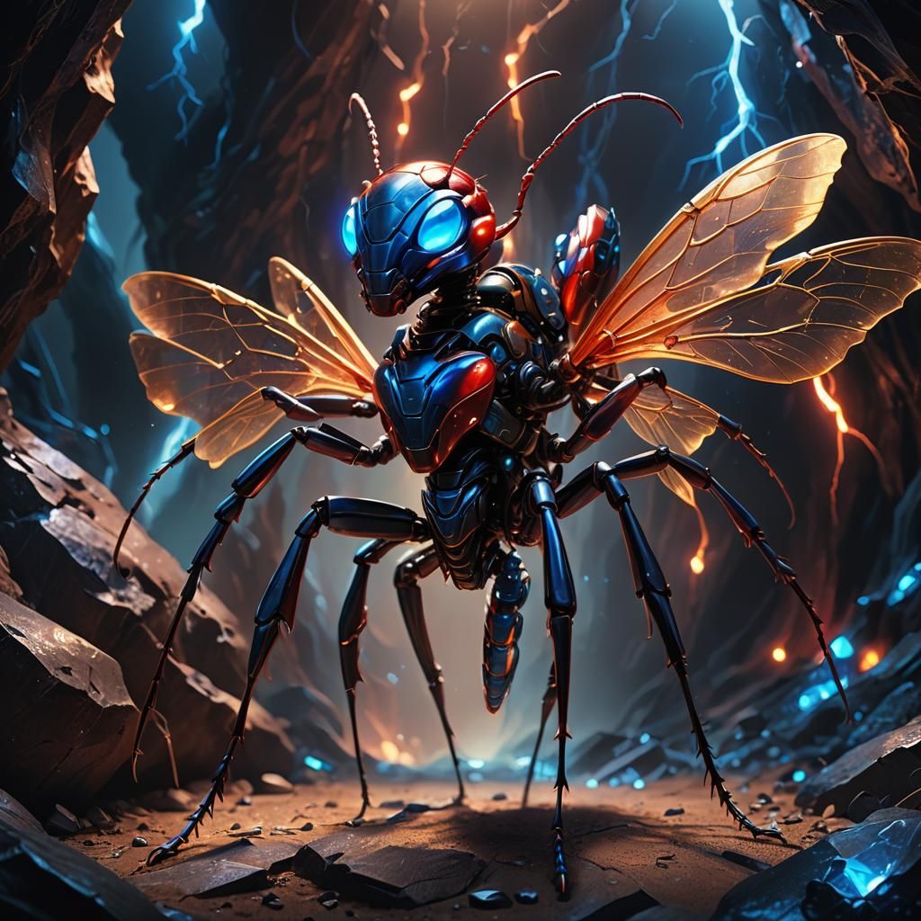 Robotic Red Ant with Lightning Eyes in Cavern