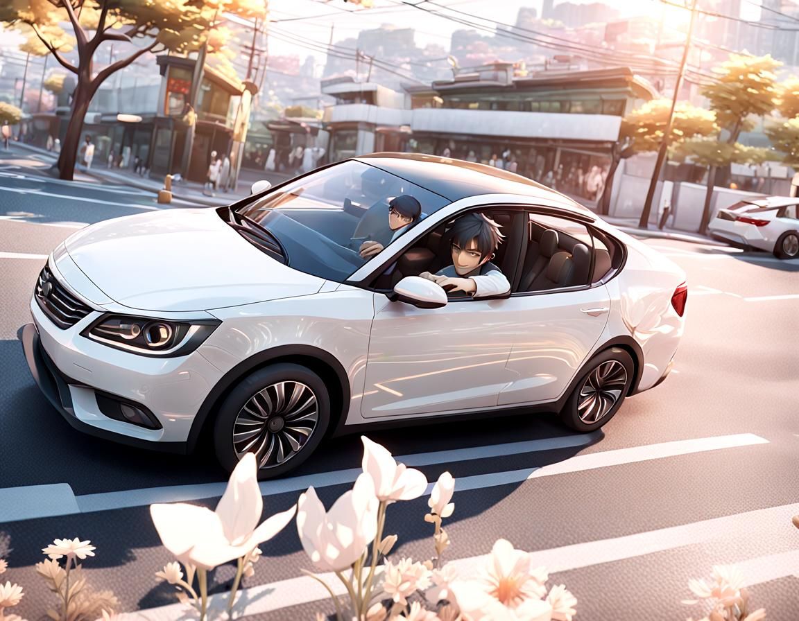 Man Smiling in Car: 3D Anime Art