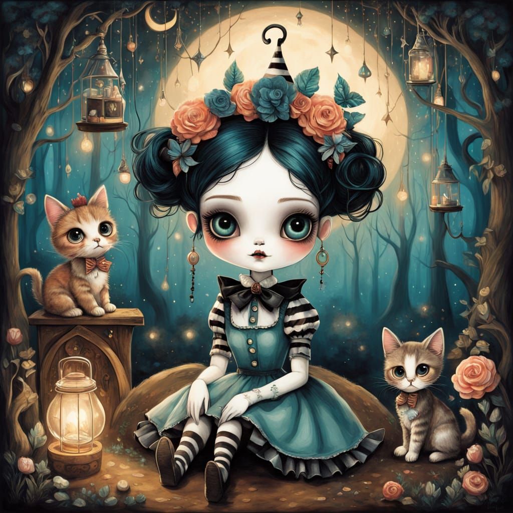 Enchanting Fairytale Scene with Doll-Like Girl and Whimsical...