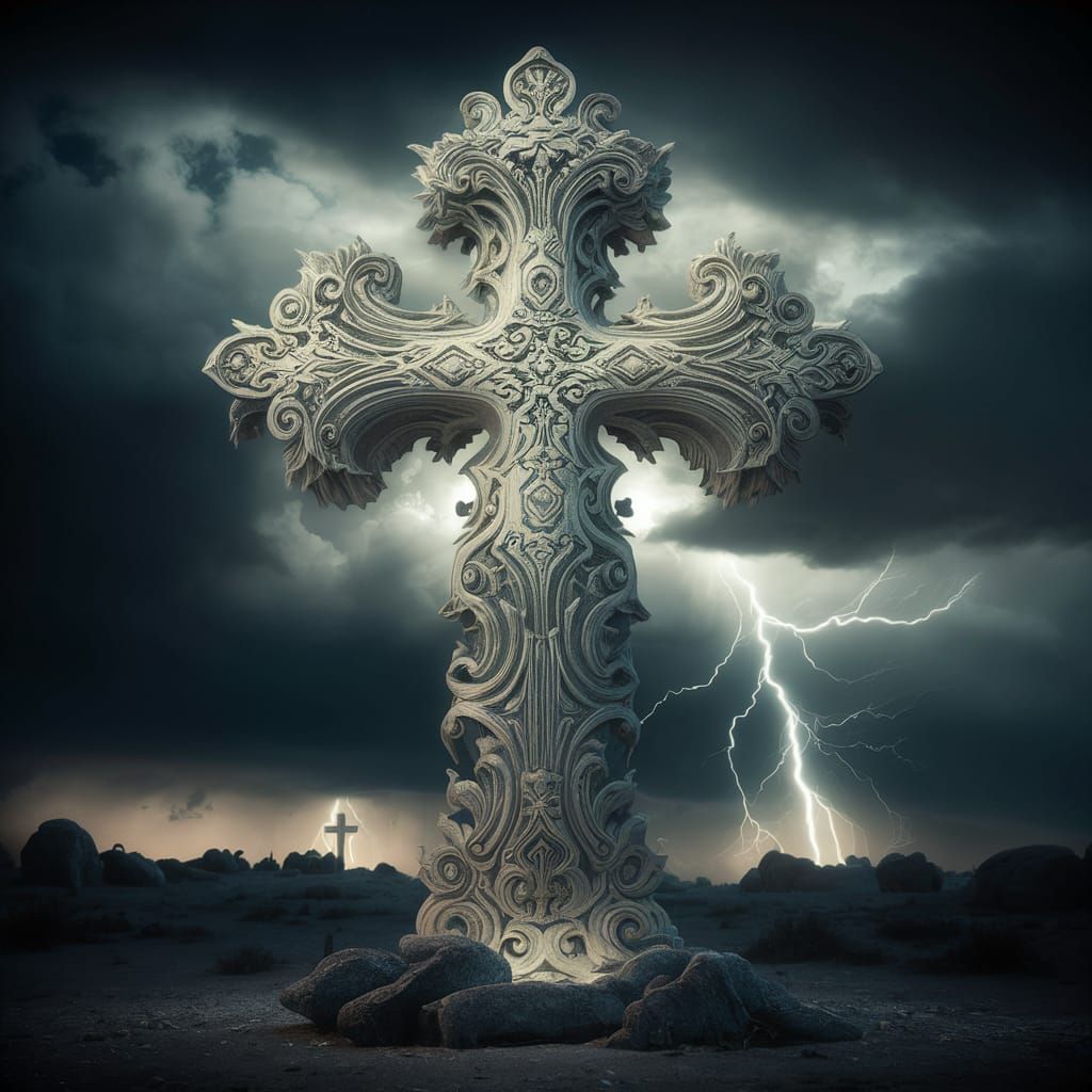 Ornate Cross in Stormy Sky with Lightning