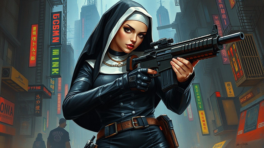 Punk Rock Nun in Urban Fantasy Landscape Painting