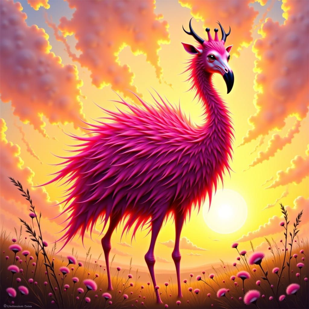 Flamingo-Giraffe Hybrid on Sunset Savannah