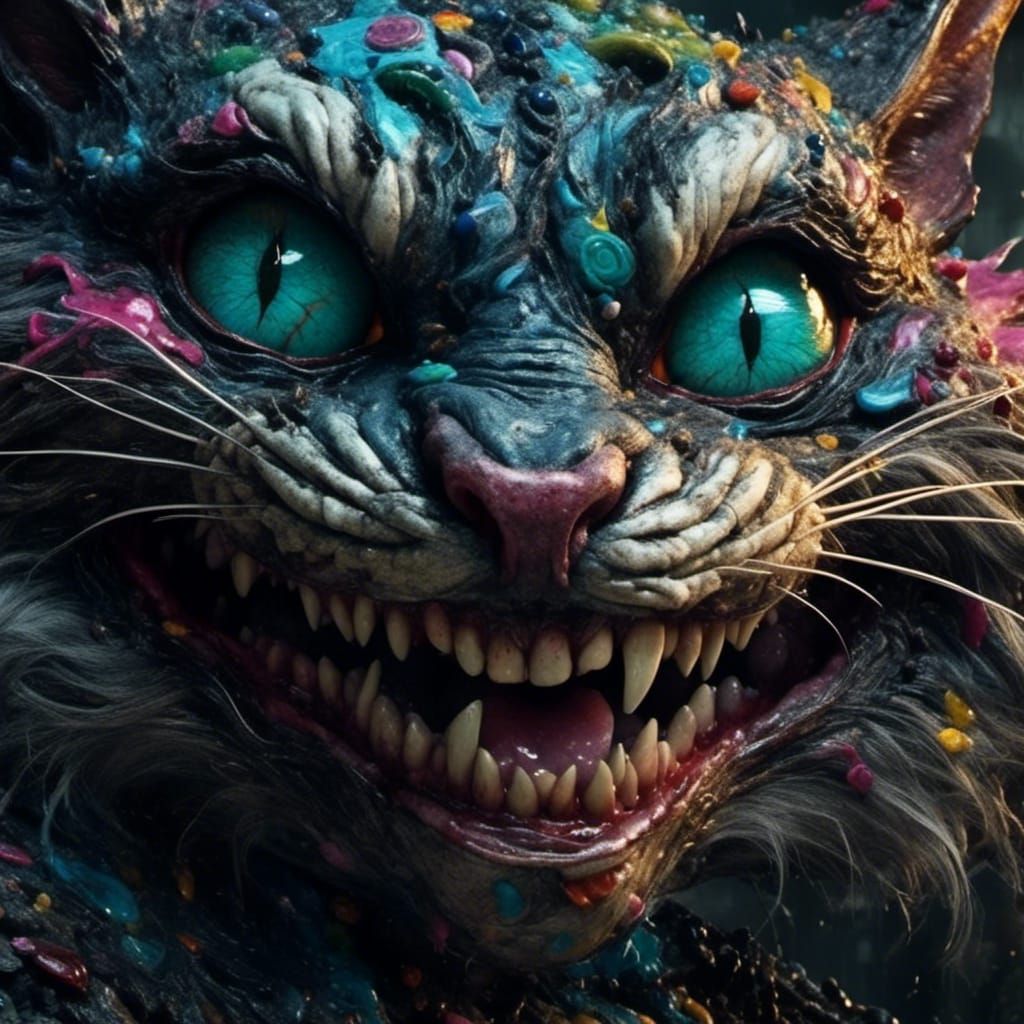 Hyperrealistic Cheshire Cat with Unsettling Smile
