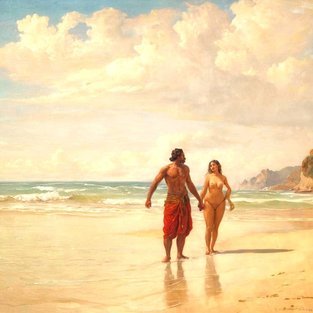 Paradise Beach Scene in 17th Century Oil Painting