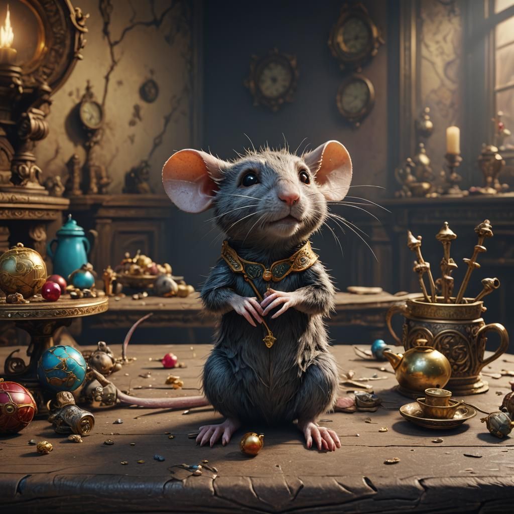Toy Rat on Table: Detailed Matte Painting