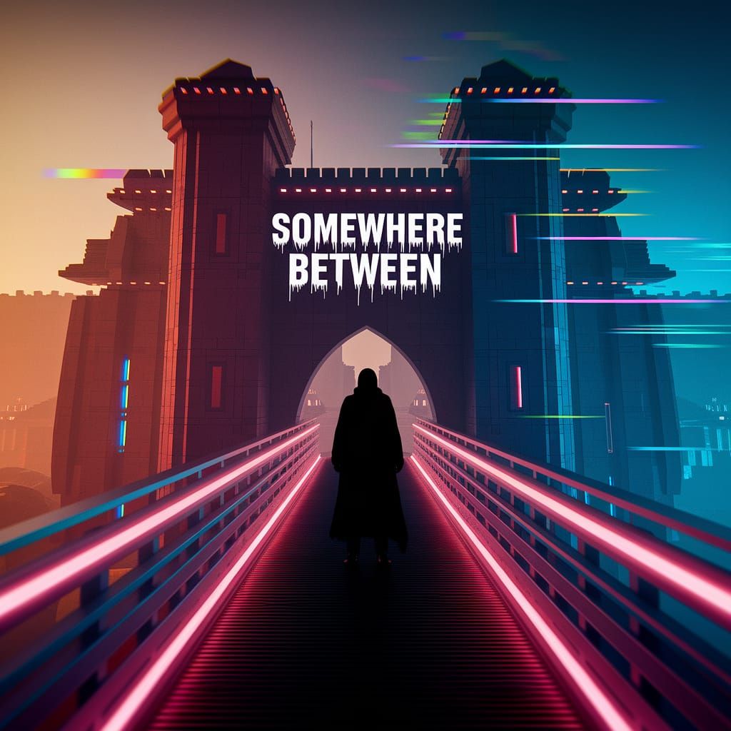 Cyberpunk Fortress Bridge at Dusk in Neon Lights