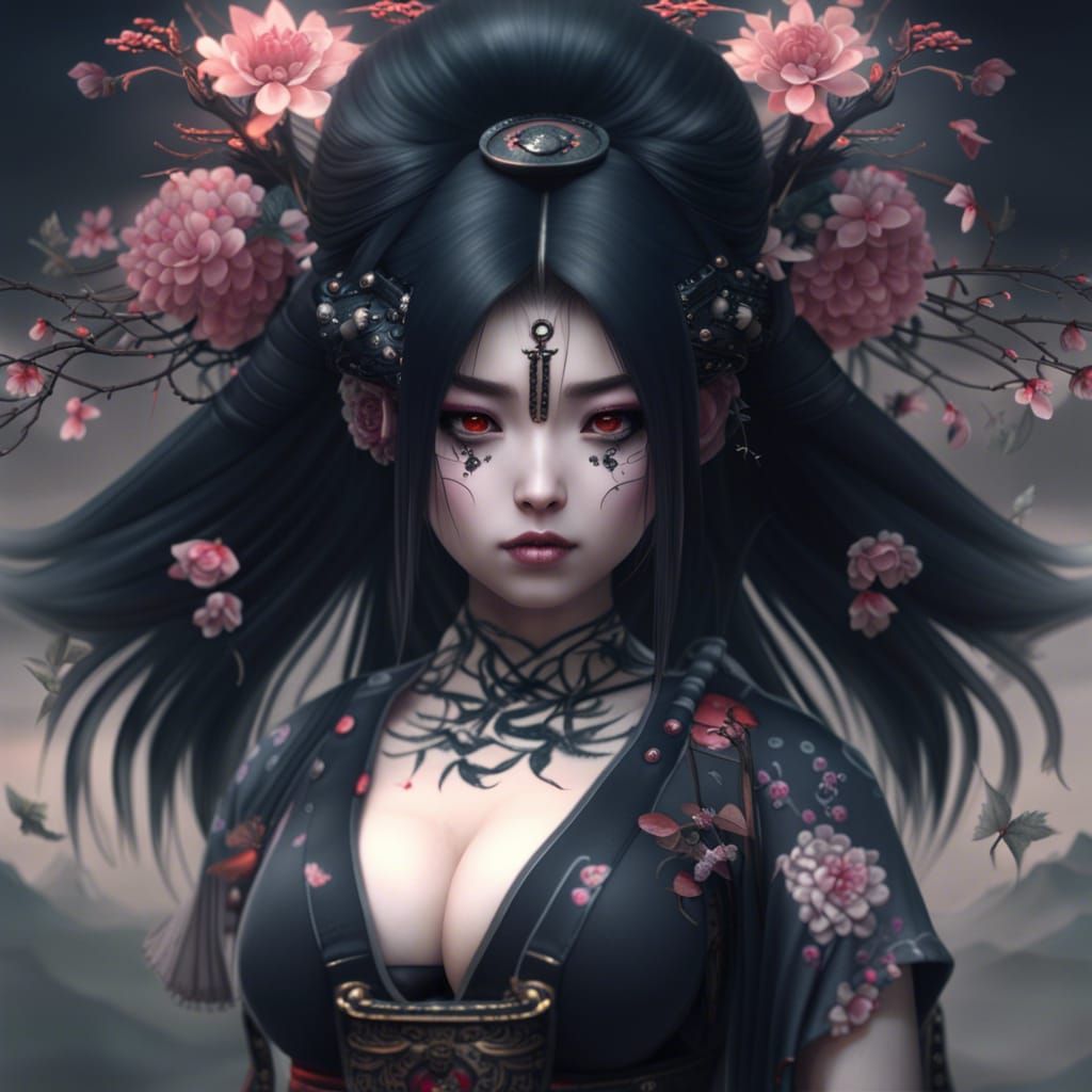 Japanese Goth Girl in Kimono: Digital Matte Painting