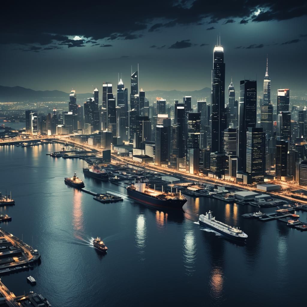 Futuristic Port City at Night in Vector Art Style