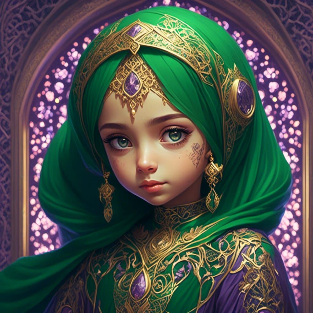 Anime Girl in Green and Purple Hijab