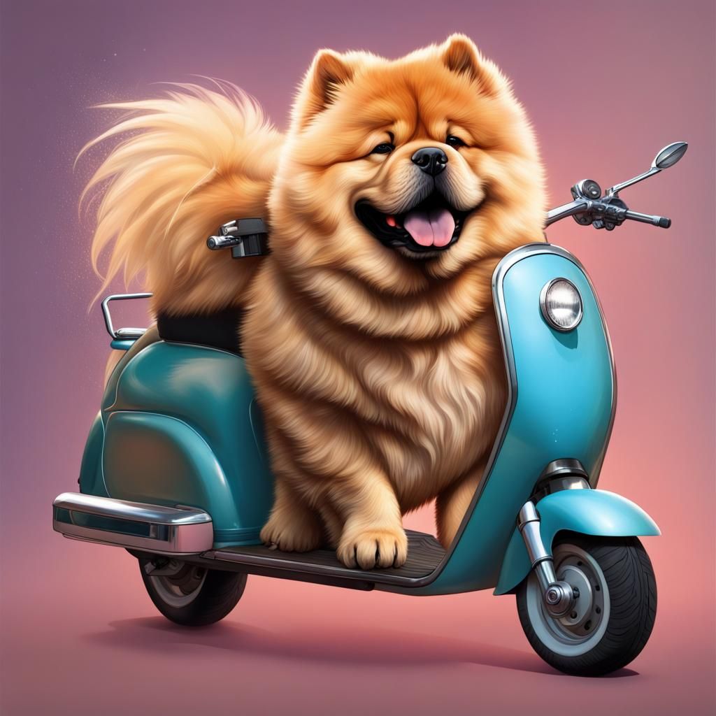 Blonde Chow Dog on Scooter: Hyperrealistic Splash Art