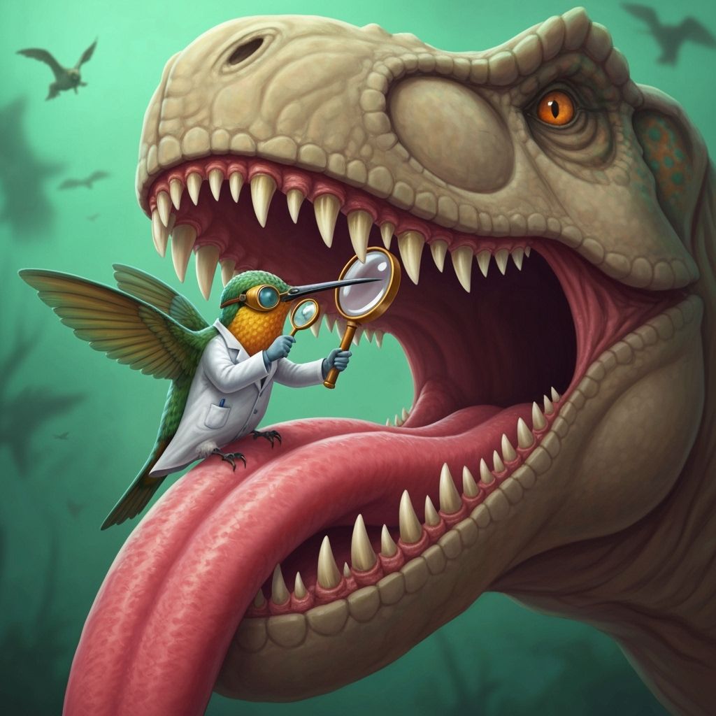 Hummingbird Dentist Examines T-Rex Teeth in Whimsical Style