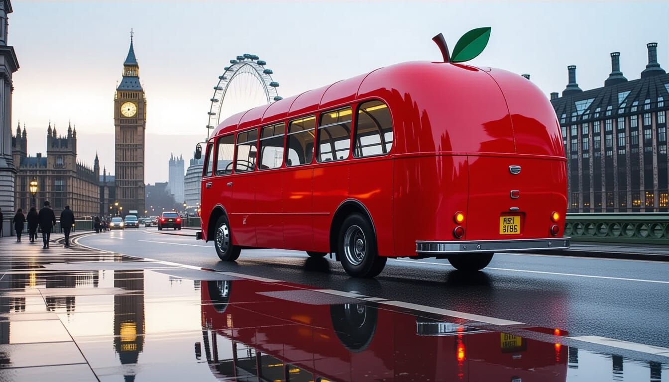 Apple-Shaped Bus on Wet London Street