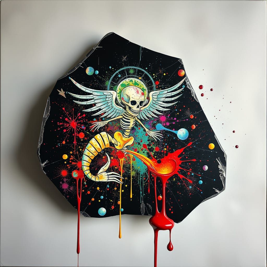 Surreal Rainbow Skeletal Graffiti on Broken Glass