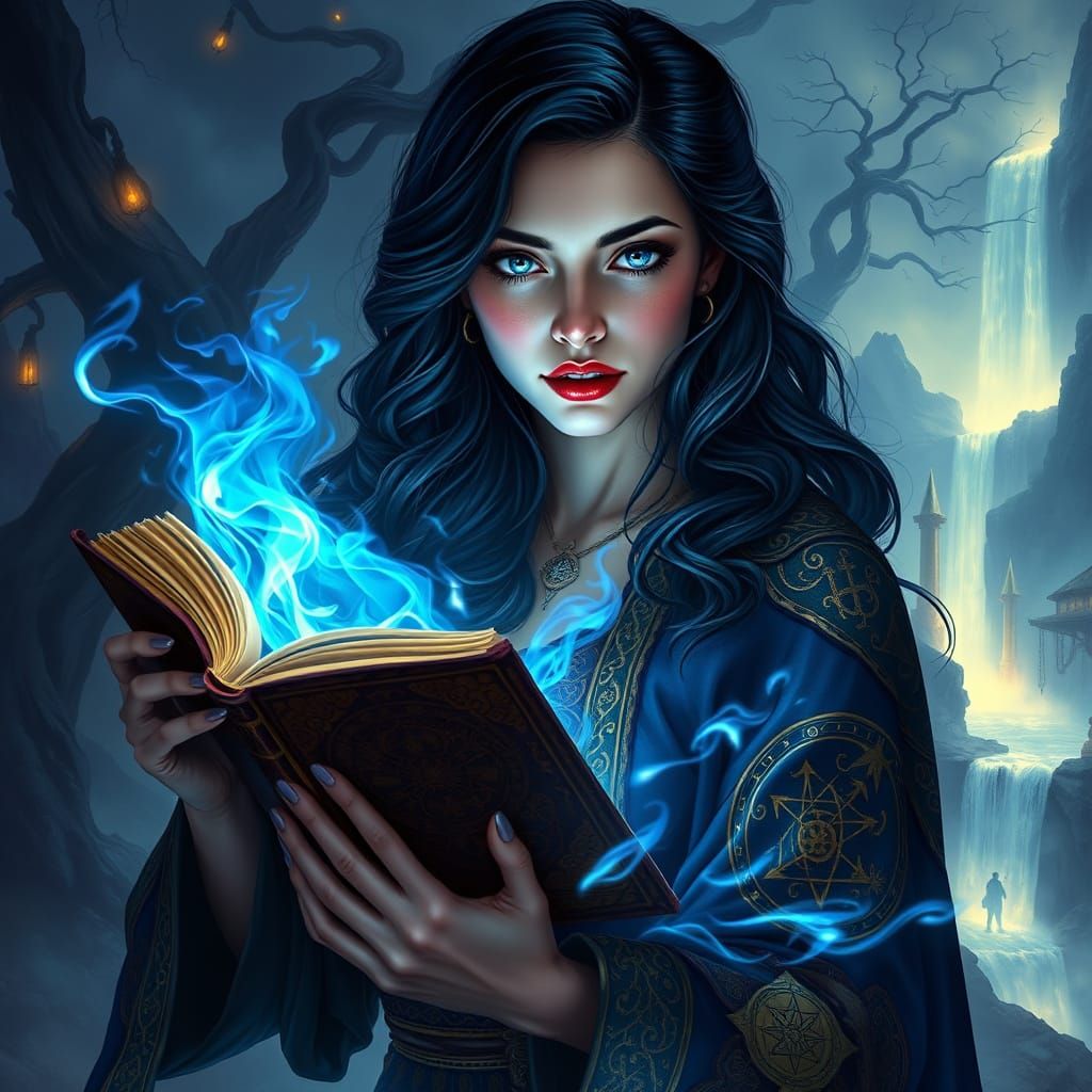 Enchanted Siren Holding Ancient Tome in Mystic Flames