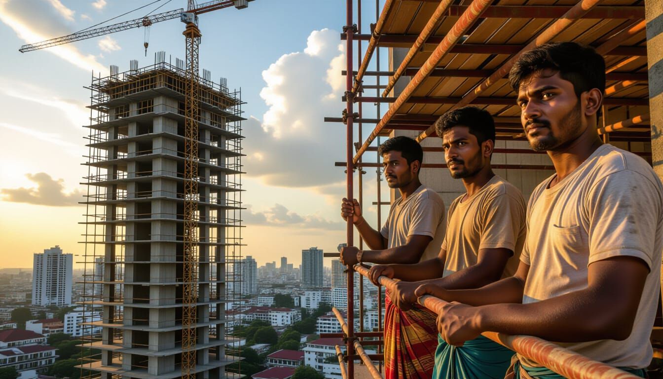Construction Workers on Scaffolding, Golden Hour