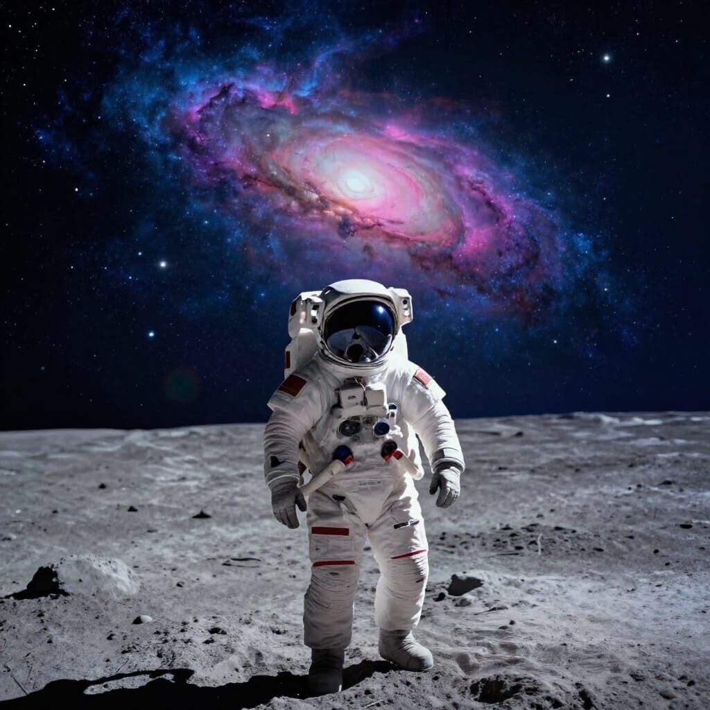 Astronaut on Moon Gazing at Cosmic Nebula