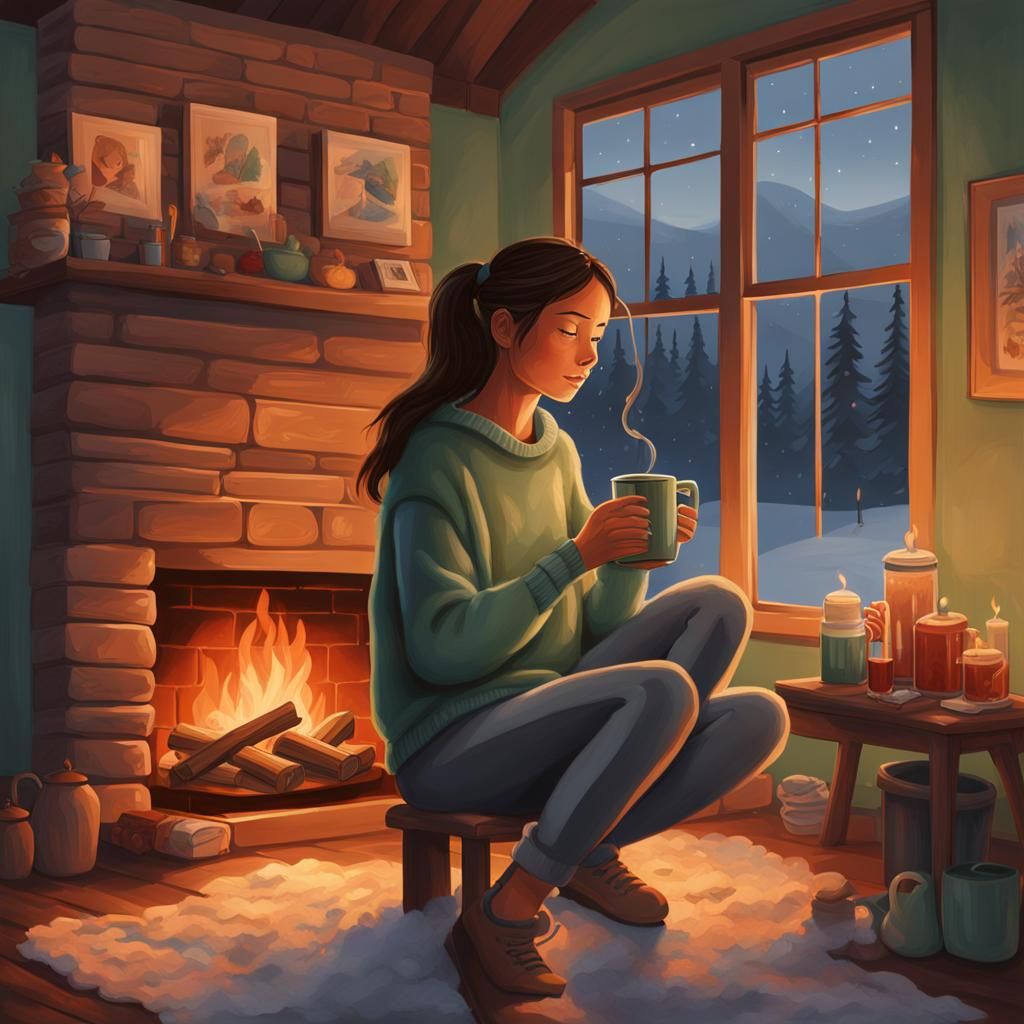 Cozy Evening Scene with Girl by Fireplace