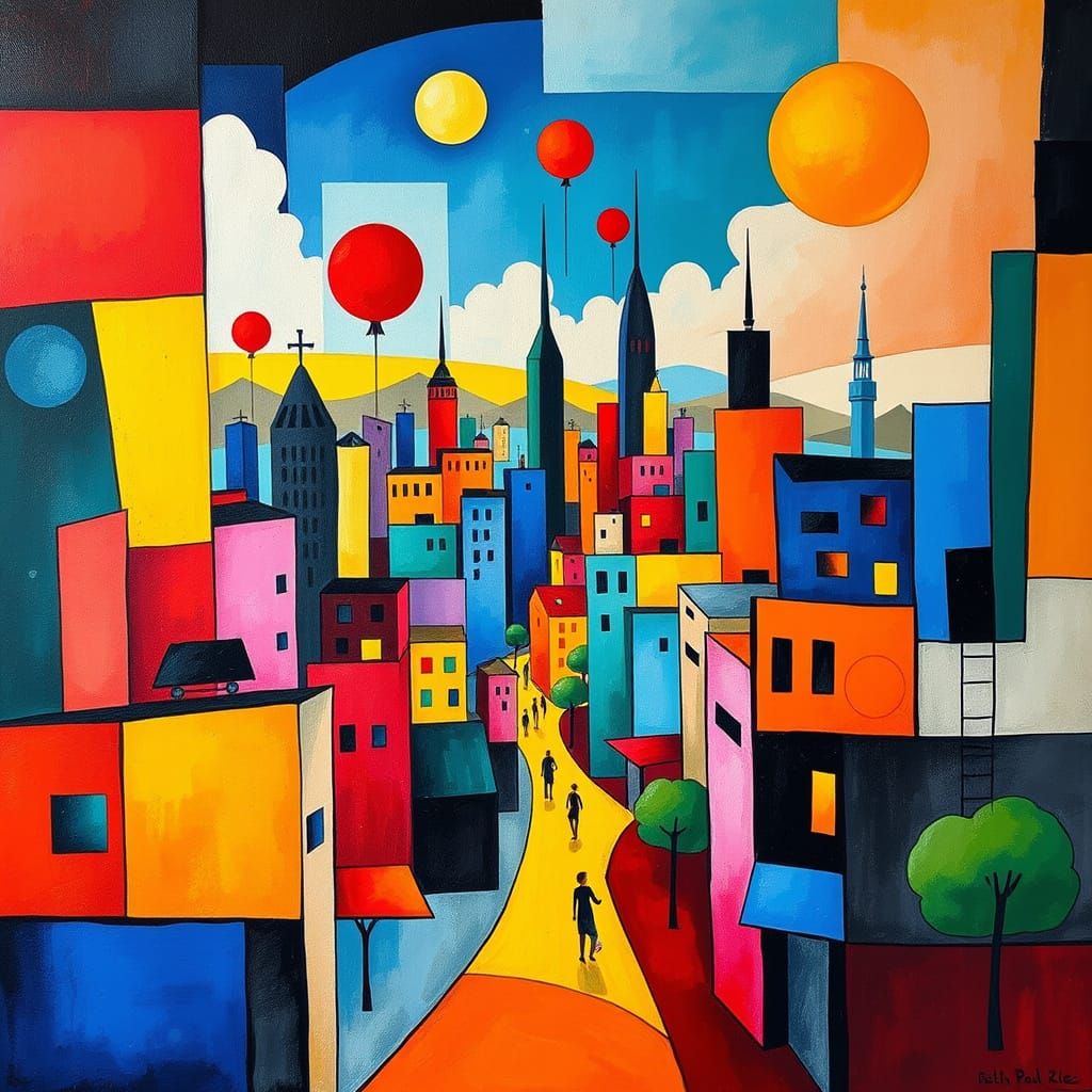 Surreal Cityscape in Vibrant Geometric Style