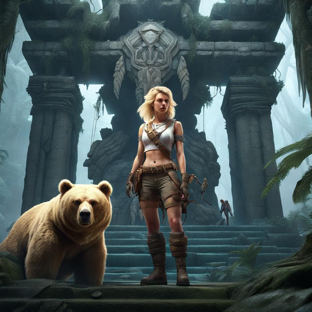 Archaeologist and Winged Bear in Frozen Ruins