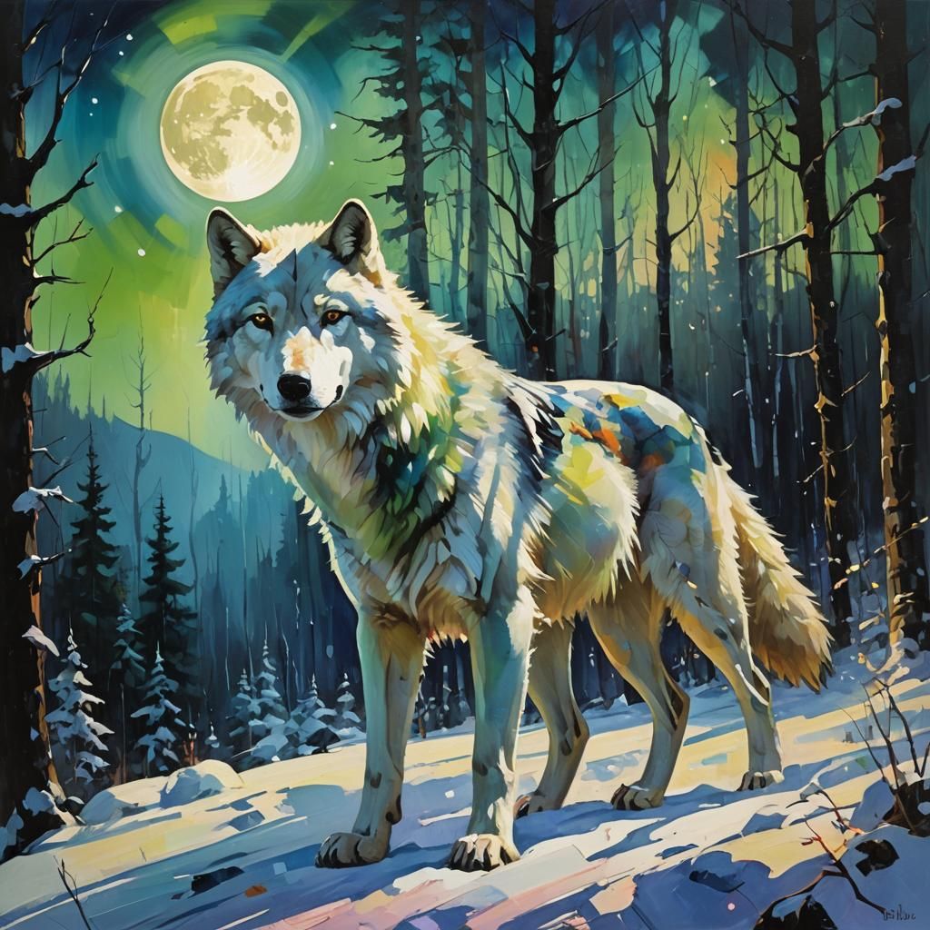 Aurora Borealis Over Dark Woods in Expressionist Style