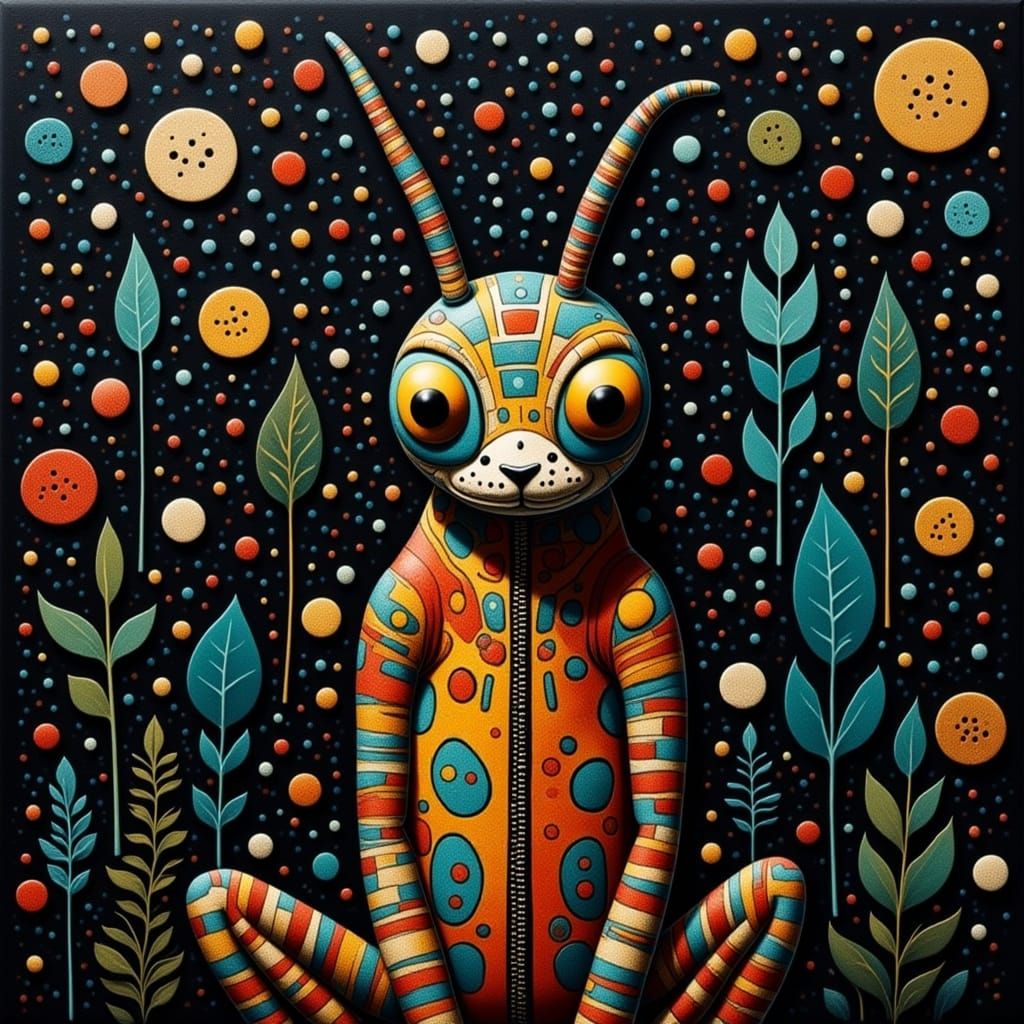 Whimsical Grasshopper in Dubuffet-Inspired Style with Rust, ...
