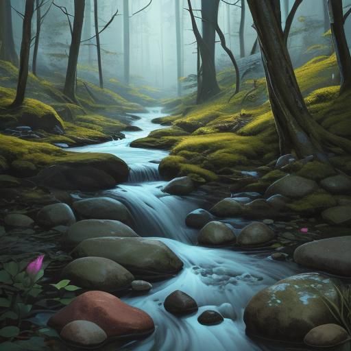 Enchanted Forest Stream Extends onto Wooden Table