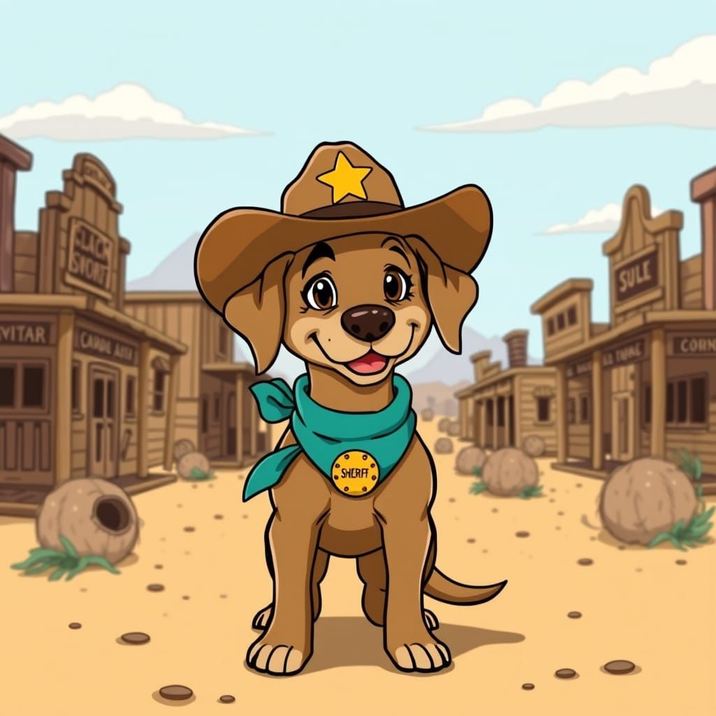 Labrador Sheriff Rides into Old West Cartoon Town