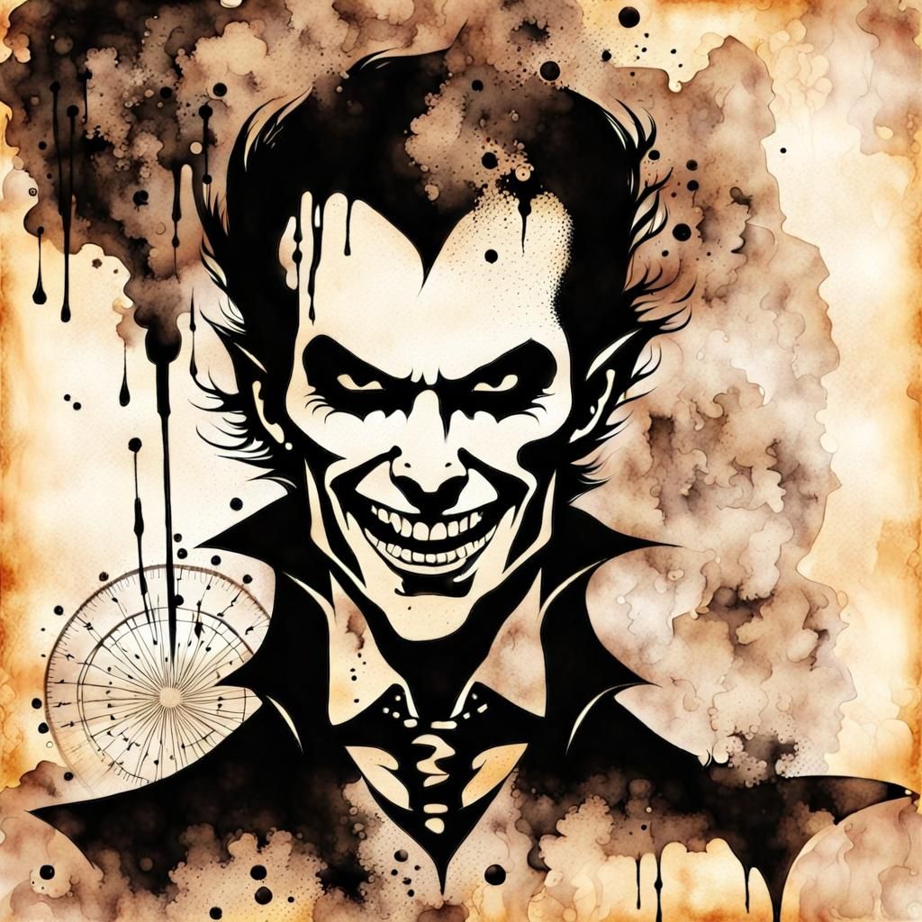 Vampire Silhouette in Steampunk Ink and Watercolor