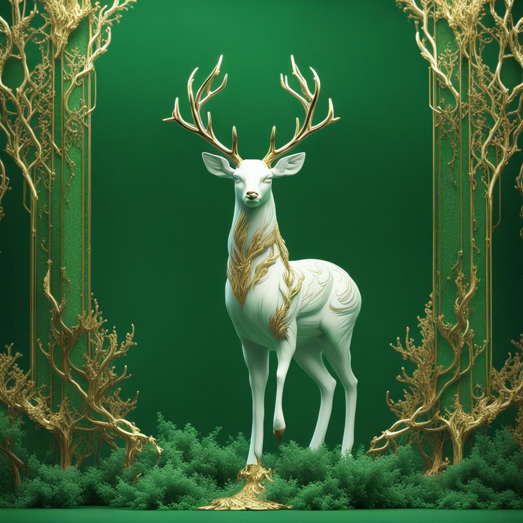 Elegant Gold and White Deer on Green Background