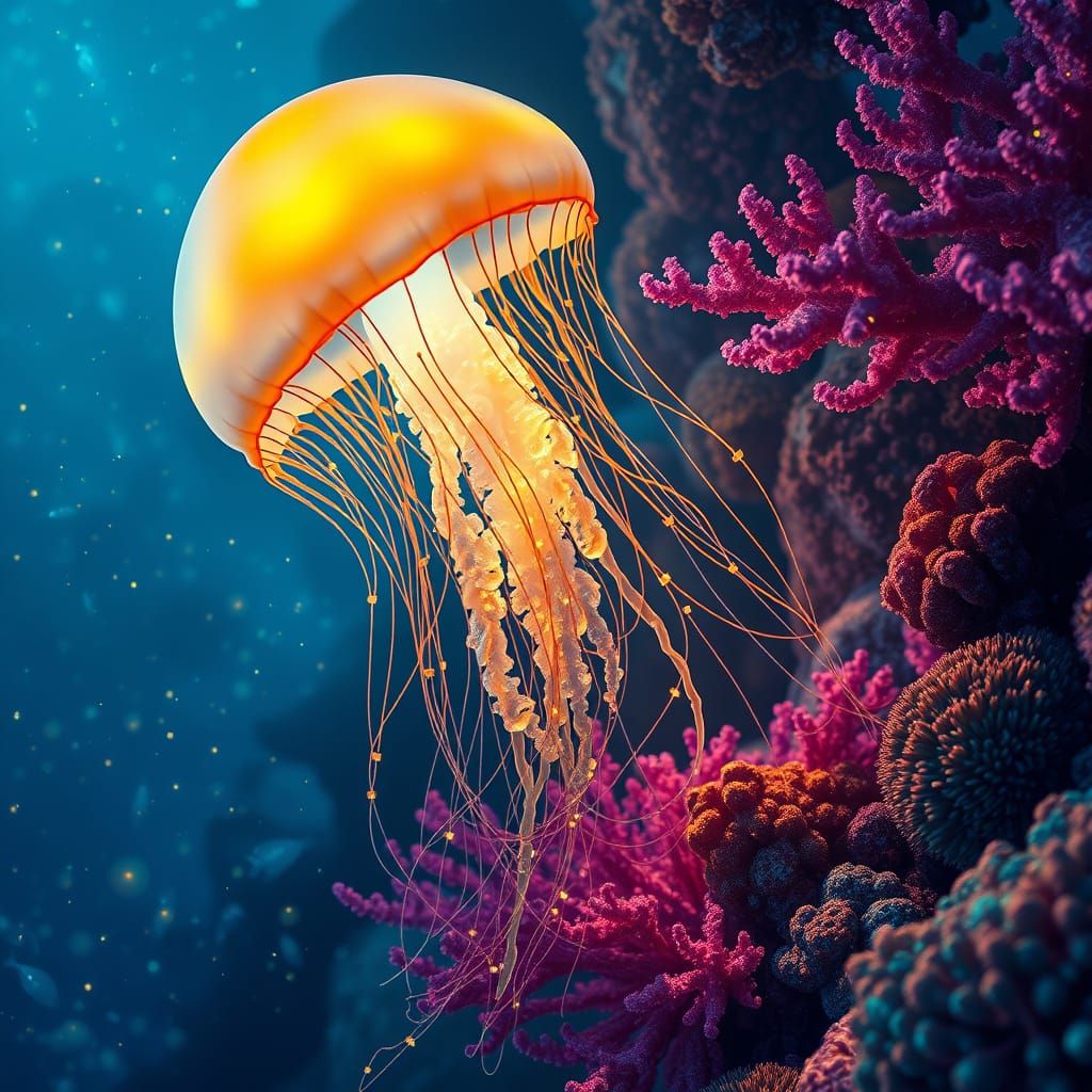 Surreal Bioluminescent Jellyfish Dances Amongst Vibrant Cora...