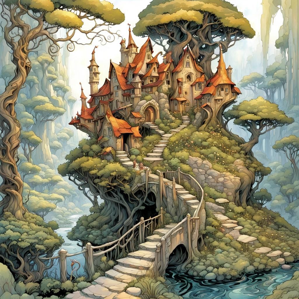 Detailed Celtic Fairy Village in Art Nouveau Style