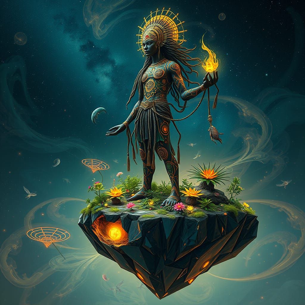 Mystical Shaman on Floating Island, Klimt-inspired