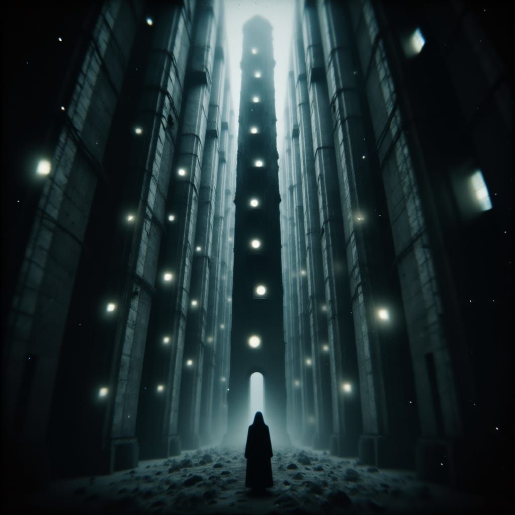 Shadow Beings in Dark Hall with Geometric Eyes