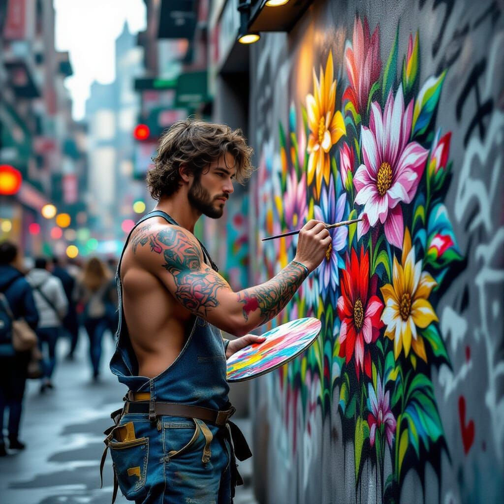 Street Artist Paints Vibrant Flowers in Gloomy City