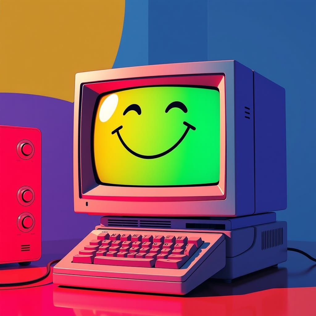 Smiling 1980s Computer in Vibrant Abstract Style
