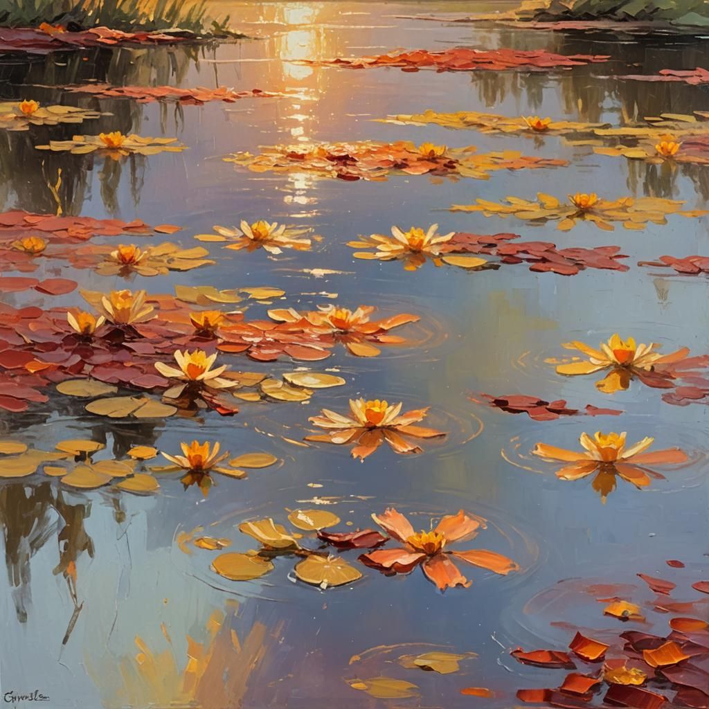 Impressionist Pool Reflects Sanguine Sun in Oil Painting
